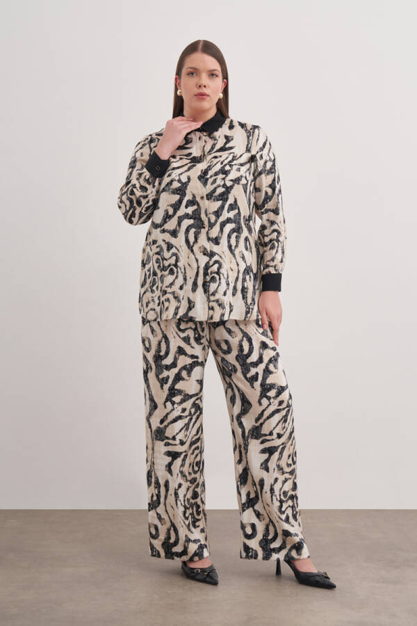 Taş Desenli Beli Lastikli Dokuma Viscon Pantolon - 1