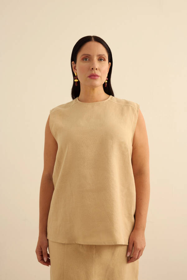 Taş Keten Kolsuz Bluz - Aker