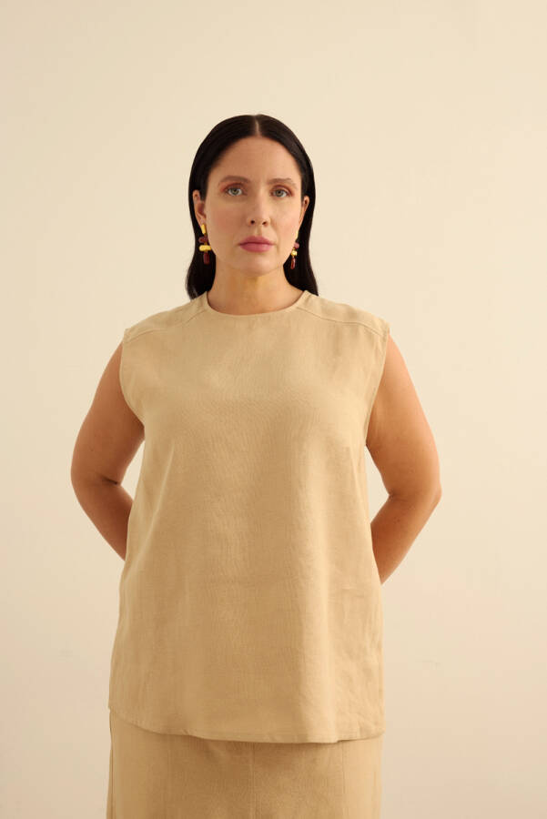 Taş Keten Kolsuz Bluz - 5