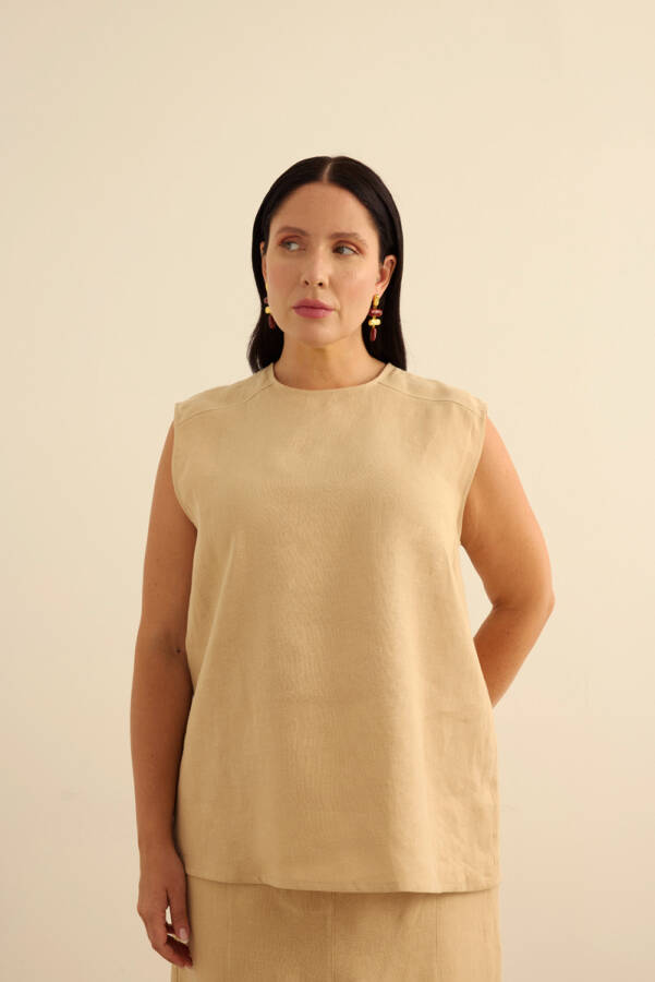 Taş Keten Kolsuz Bluz - 3