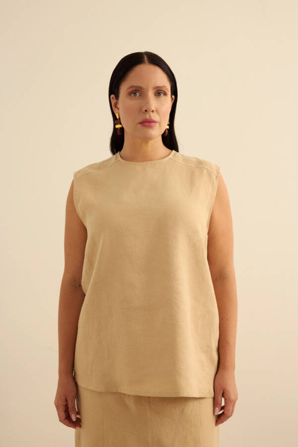 Taş Keten Kolsuz Bluz - 4