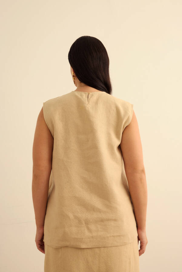 Taş Keten Kolsuz Bluz - 6