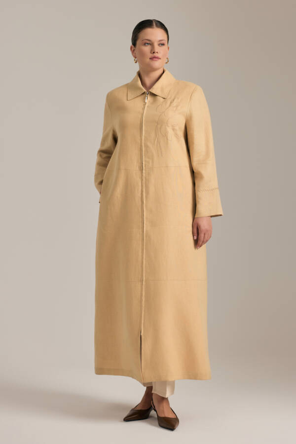 Taş Nakışlı Keten Pardösü - Aker