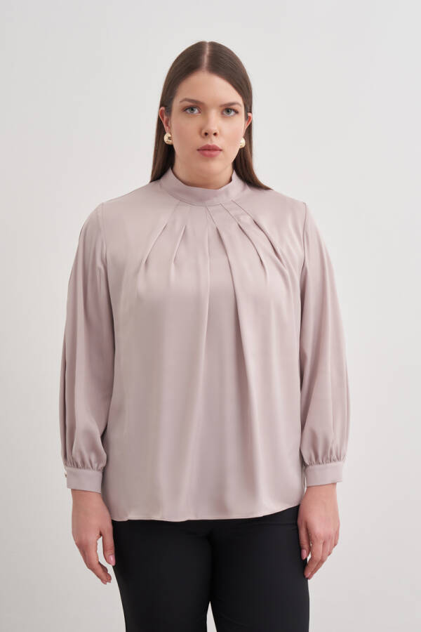 Taş Pili Detaylı Dik Yakalı Bluz - 3