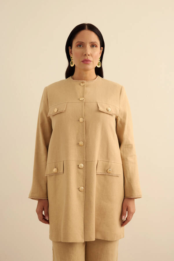 Taş Püskül Detaylı Keten Ceket - 3