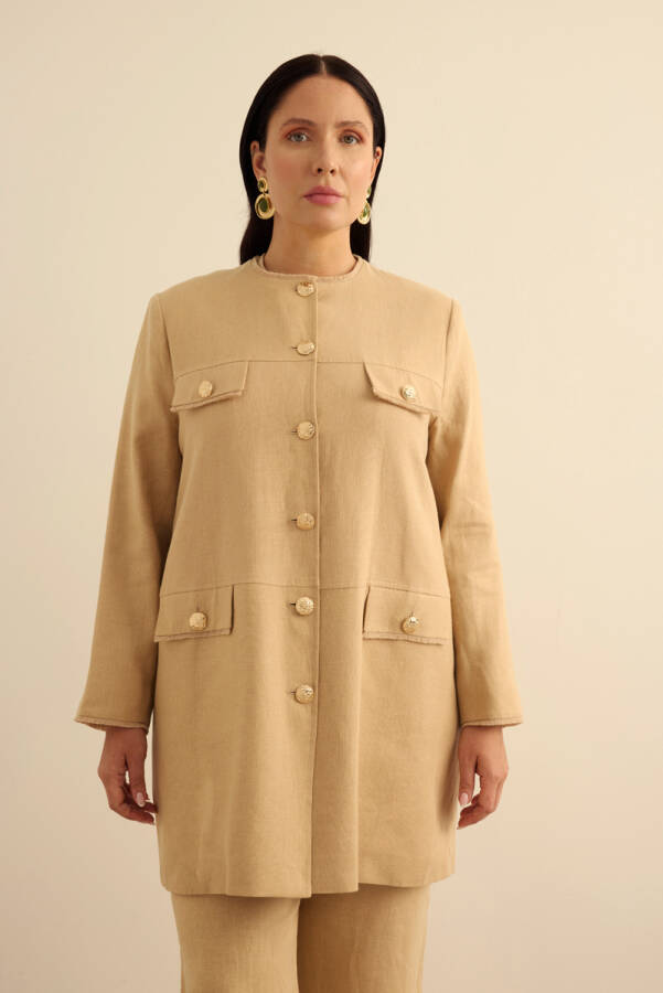 Taş Püskül Detaylı Keten Ceket - 4