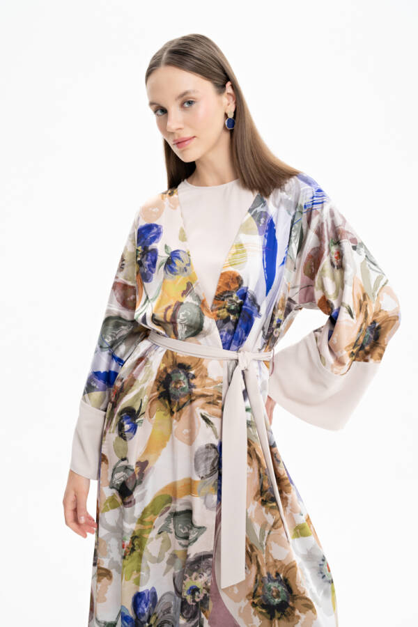 Taş Saten Desenli Kimono - 5