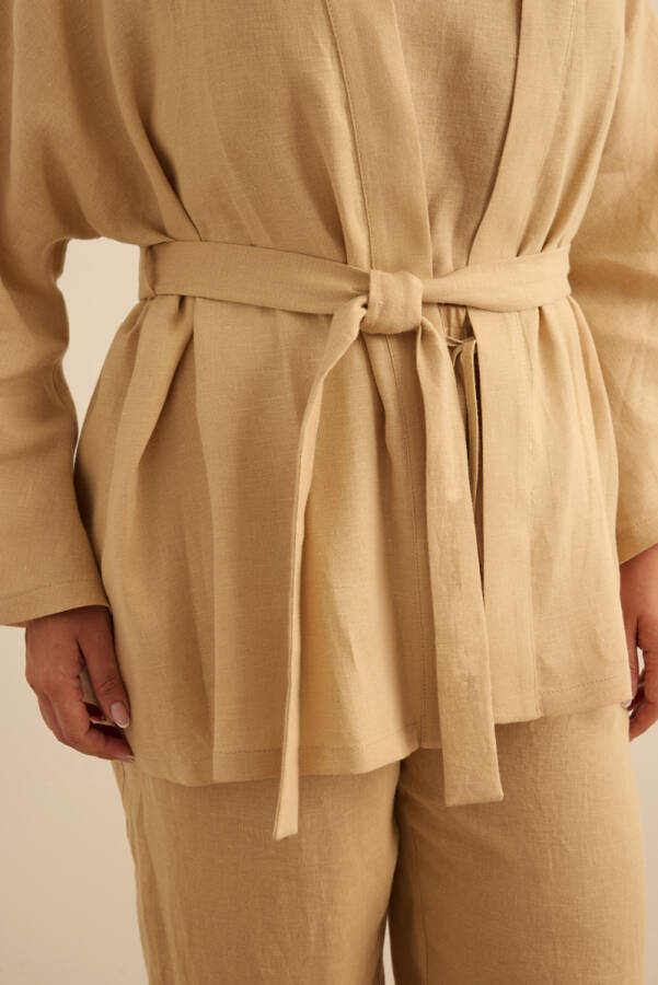 Taş Seyyar Kuşaklı Keten Kimono - 6