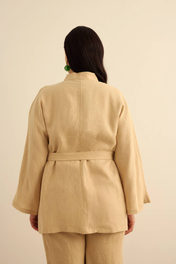 Taş Seyyar Kuşaklı Keten Kimono - 7