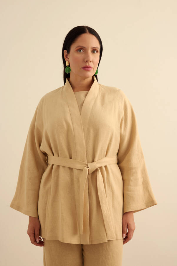 Taş Seyyar Kuşaklı Keten Kimono - 3