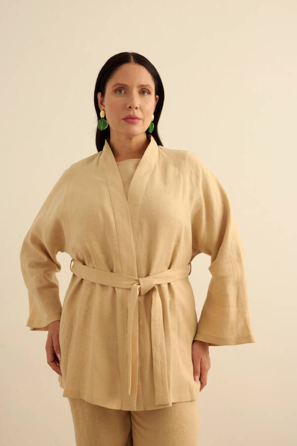 Taş Seyyar Kuşaklı Keten Kimono - 4