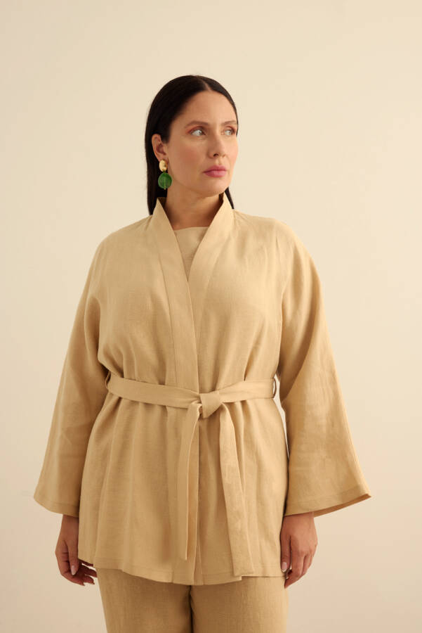 Taş Seyyar Kuşaklı Keten Kimono - 5