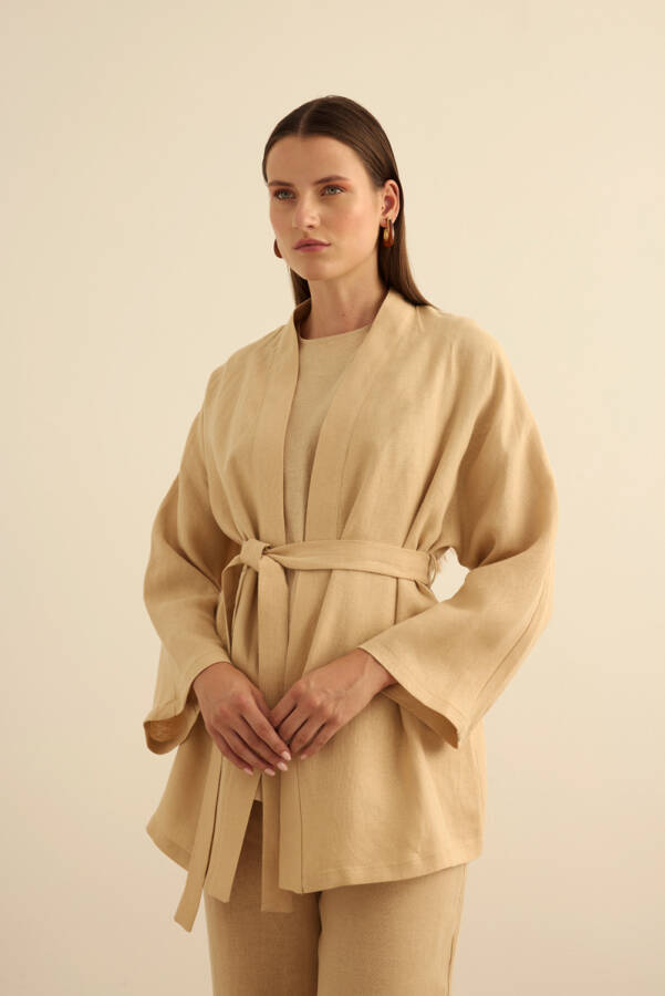 Taş Seyyar Kuşaklı Keten Kımono - 3