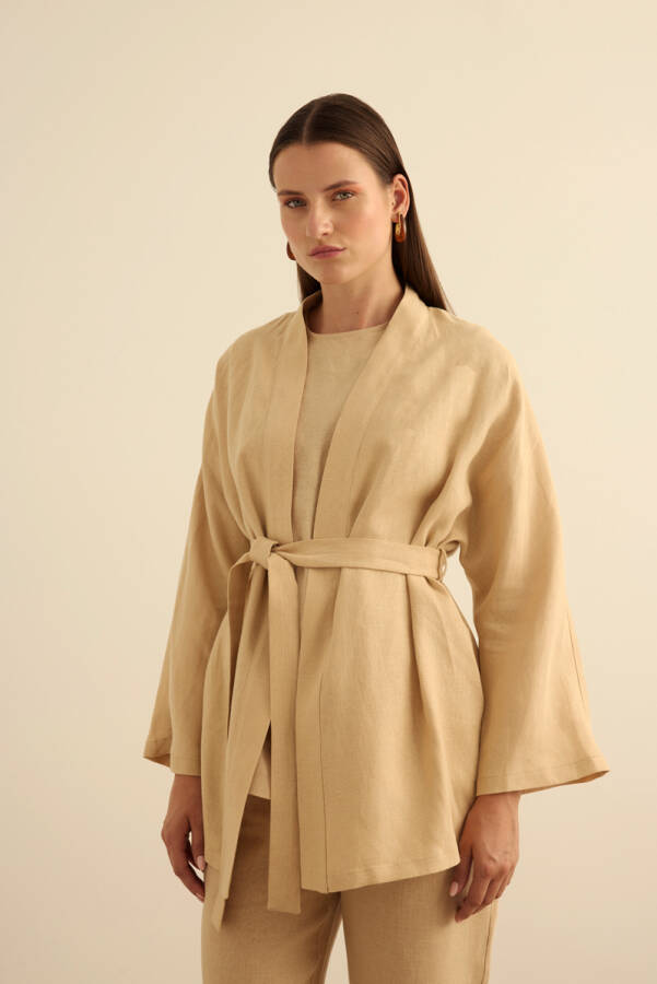 Taş Seyyar Kuşaklı Keten Kımono - Aker