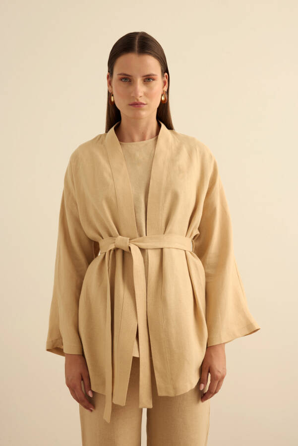 Taş Seyyar Kuşaklı Keten Kımono - 5