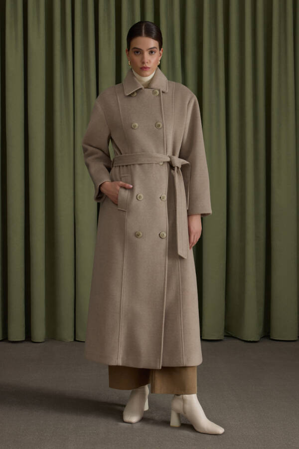 Taş Seyyar Kuşaklı Kruvaze Kapama Manto - 2