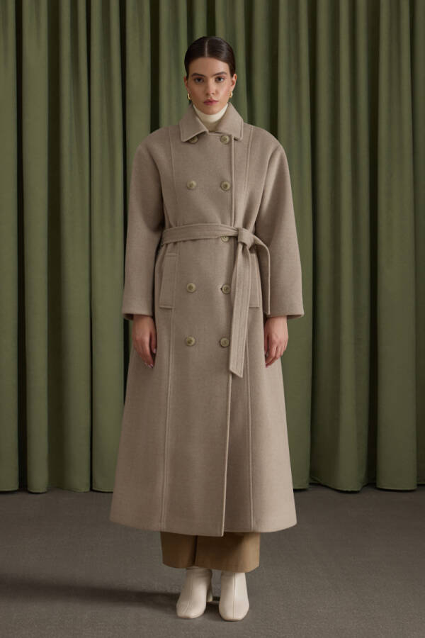 Taş Seyyar Kuşaklı Kruvaze Kapama Manto - 3