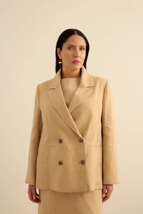 Taş Kruvaze Kapama Keten Ceket - 3