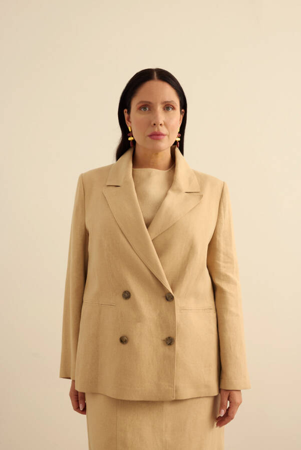 Taş Kruvaze Kapama Keten Ceket - 4