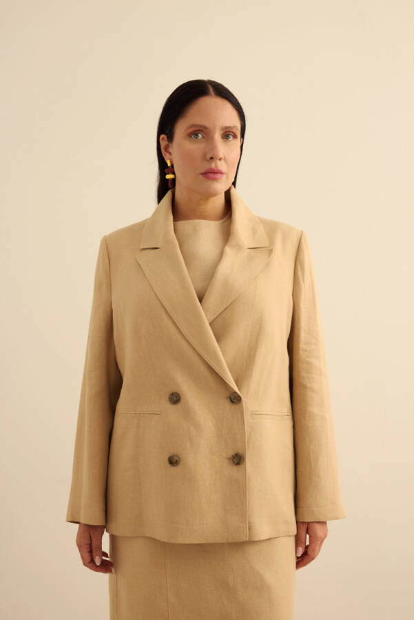 Taş Kruvaze Kapama Keten Ceket - 5