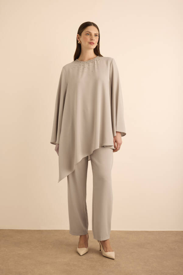 Taş Yakası Boncuk İşlemeli Asimetrik Tunik - 2