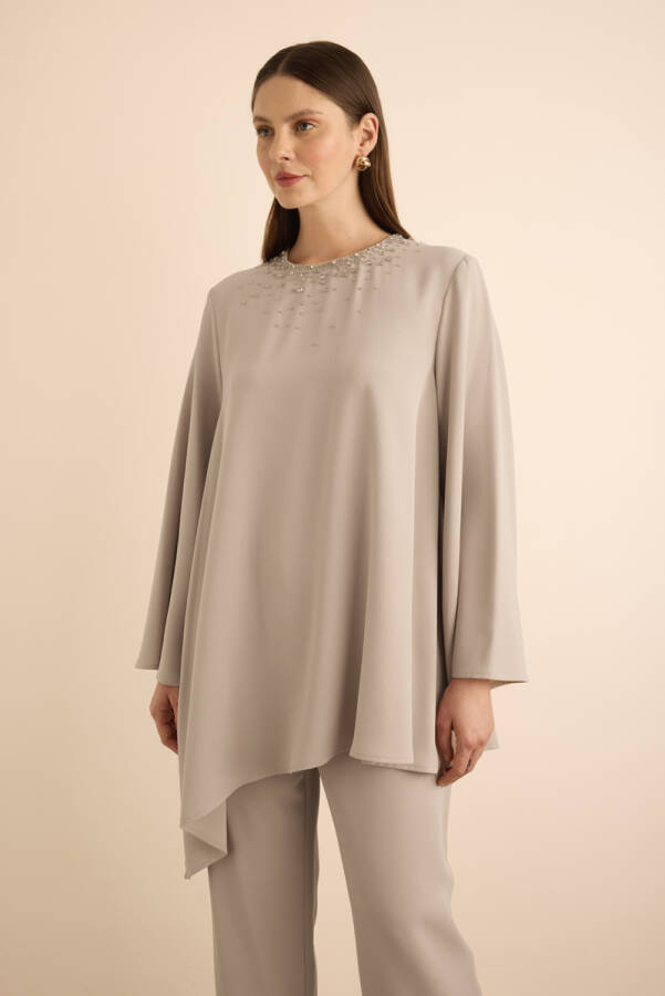 Taş Yakası Boncuk İşlemeli Asimetrik Tunik - 6