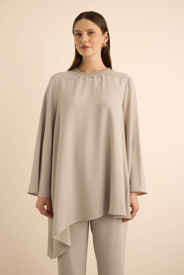 Taş Yakası Boncuk İşlemeli Asimetrik Tunik - 1