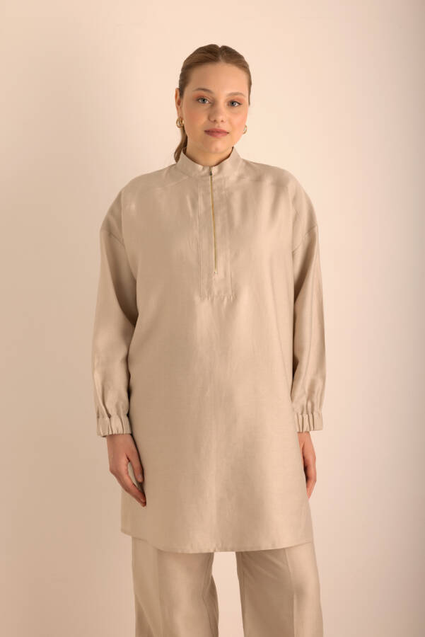 Taş Yakası Fermuarlı Keten Tencel Tunik - 4