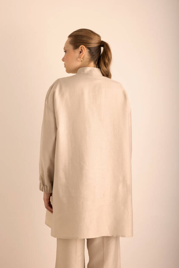 Taş Yakası Fermuarlı Keten Tencel Tunik - 5