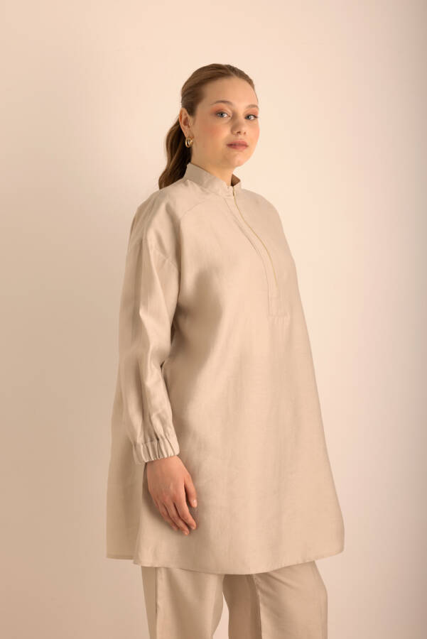 Taş Yakası Fermuarlı Keten Tencel Tunik - 2
