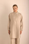 Taş Yakası Fermuarlı Keten Tencel Tunik - 3