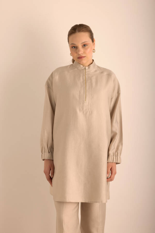 Taş Yakası Fermuarlı Keten Tencel Tunik - 3