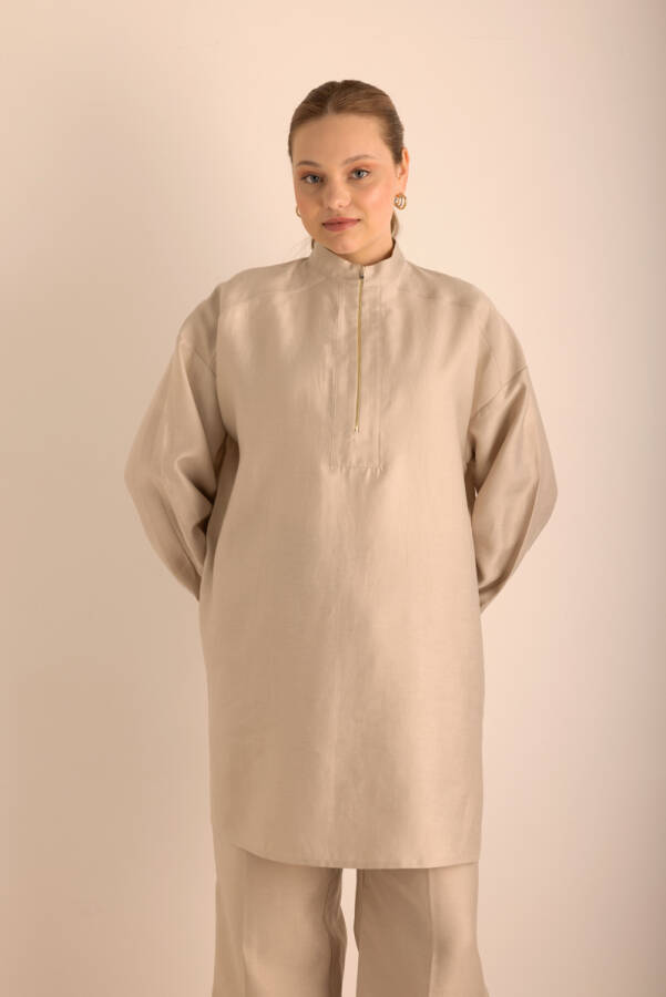 Taş Yakası Fermuarlı Keten Tencel Tunik - 1