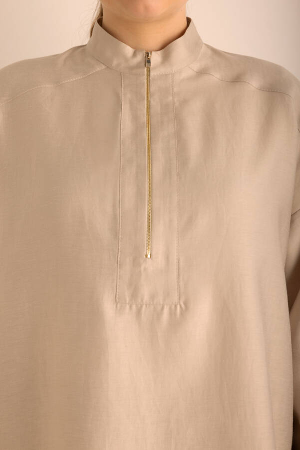 Taş Yakası Fermuarlı Keten Tencel Tunik - 4