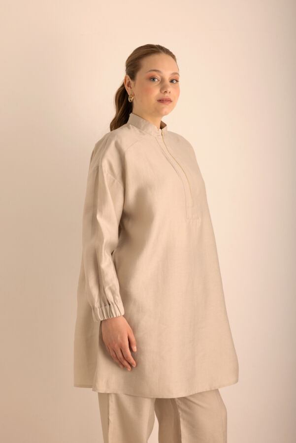 Taş Yakası Fermuarlı Keten Tencel Tunik - Aker (1)