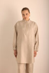 Taş Yakası Fermuarlı Keten Tencel Tunik - 3