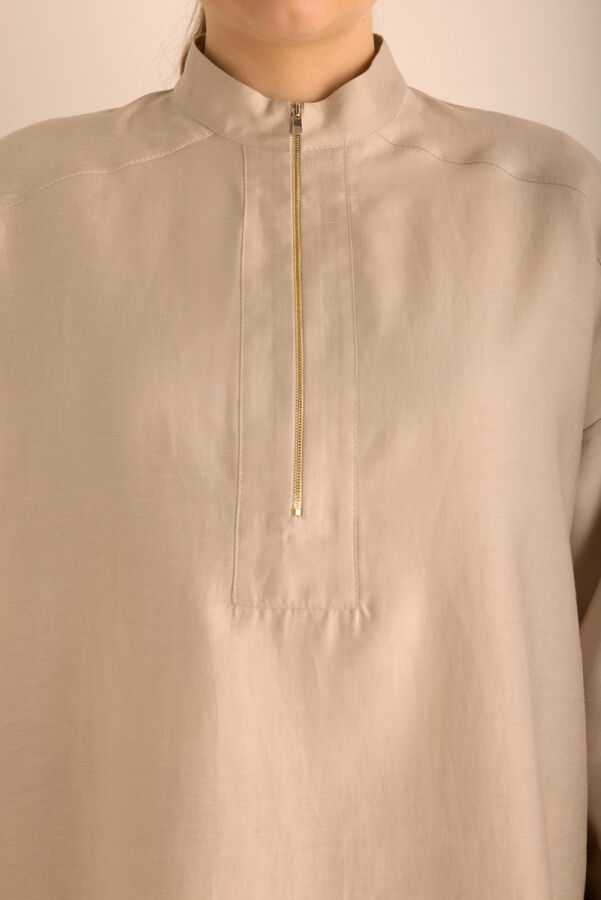 Taş Yakası Fermuarlı Keten Tencel Tunik - 4