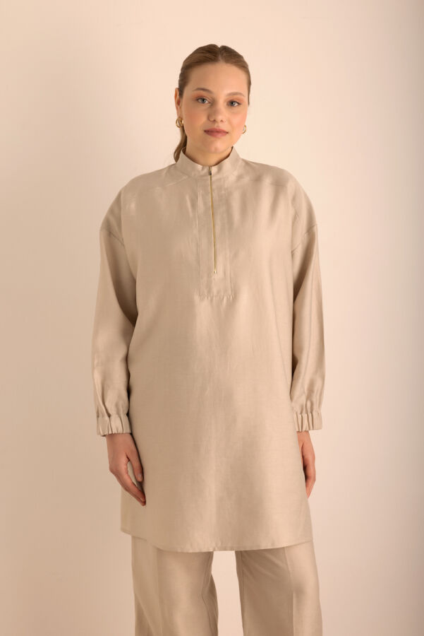 Taş Yakası Fermuarlı Keten Tencel Tunik - 5