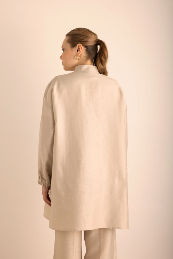 Taş Yakası Fermuarlı Keten Tencel Tunik - 6