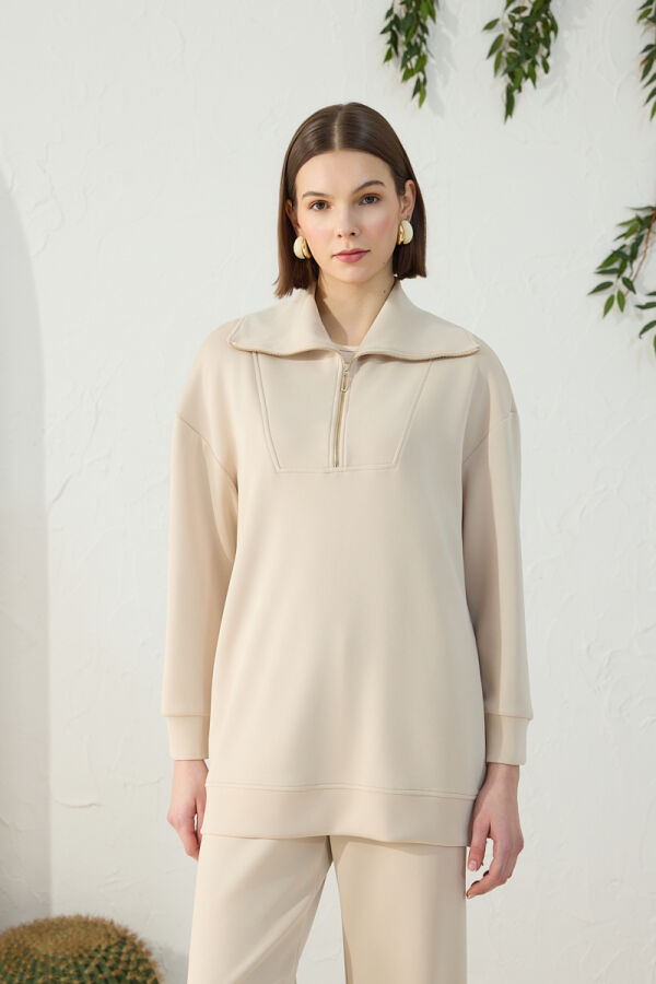 Taş Yakası ve Yan Yırtmaçları Fermuarlı Modal Sweatshirt - 2