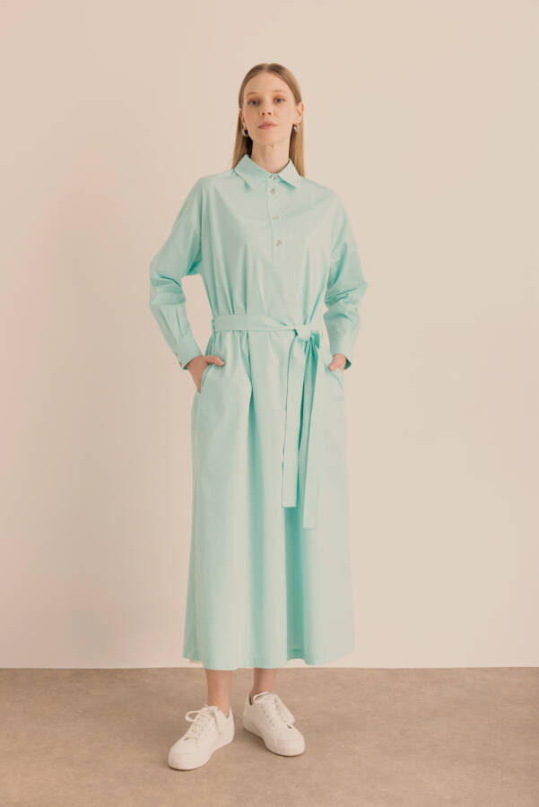 Turkuaz Beli Seyyar Kuşaklı Cotton Elbise - 1
