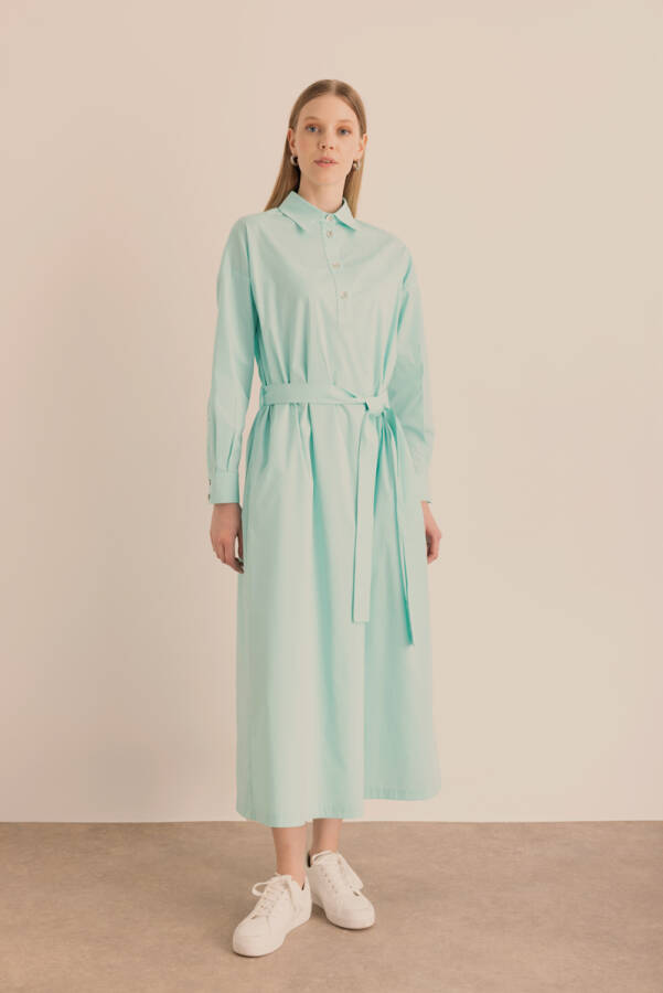 Turkuaz Beli Seyyar Kuşaklı Cotton Elbise - 4