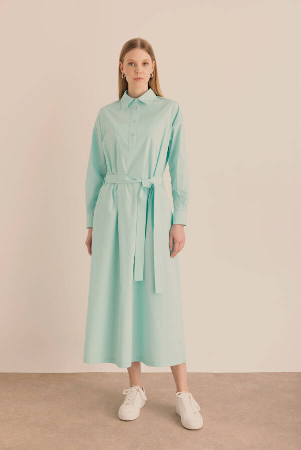 Turkuaz Beli Seyyar Kuşaklı Cotton Elbise - Aker (1)