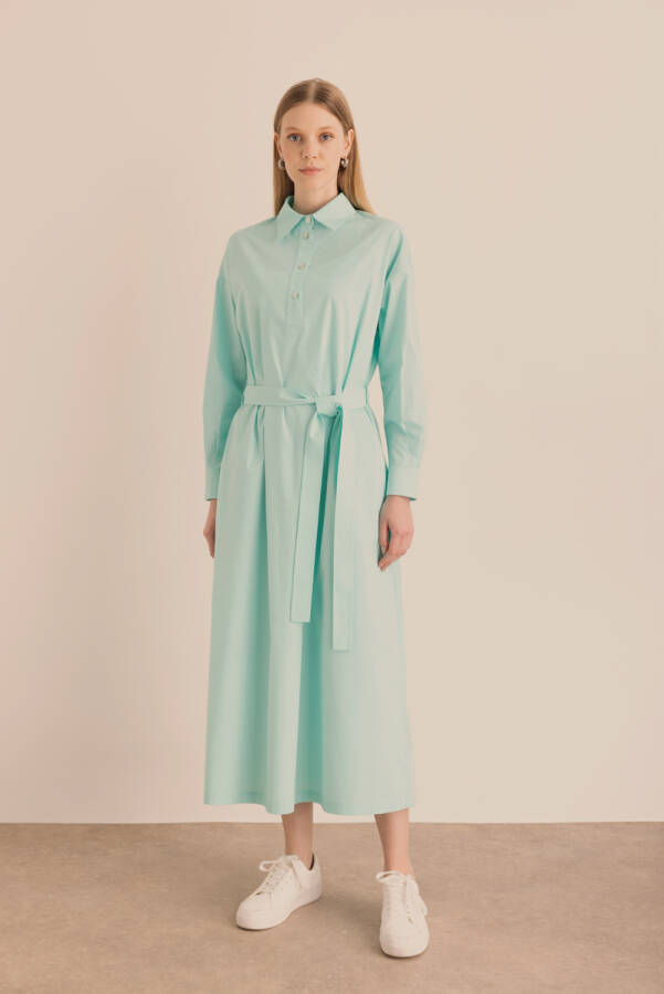 Turkuaz Beli Seyyar Kuşaklı Cotton Elbise - 6
