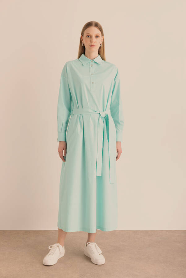 Turkuaz Beli Seyyar Kuşaklı Cotton Elbise - 5