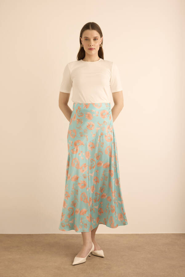 Turkuaz Çiçek Desenli Baseni Kup Detaylı Etek - Aker