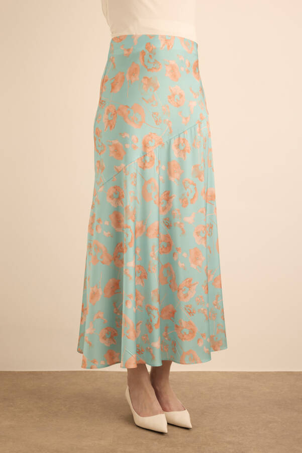 Turkuaz Çiçek Desenli Baseni Kup Detaylı Etek - 3