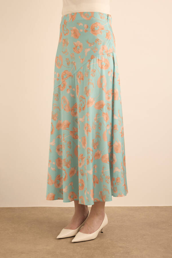 Turkuaz Çiçek Desenli Baseni Kup Detaylı Etek - 4