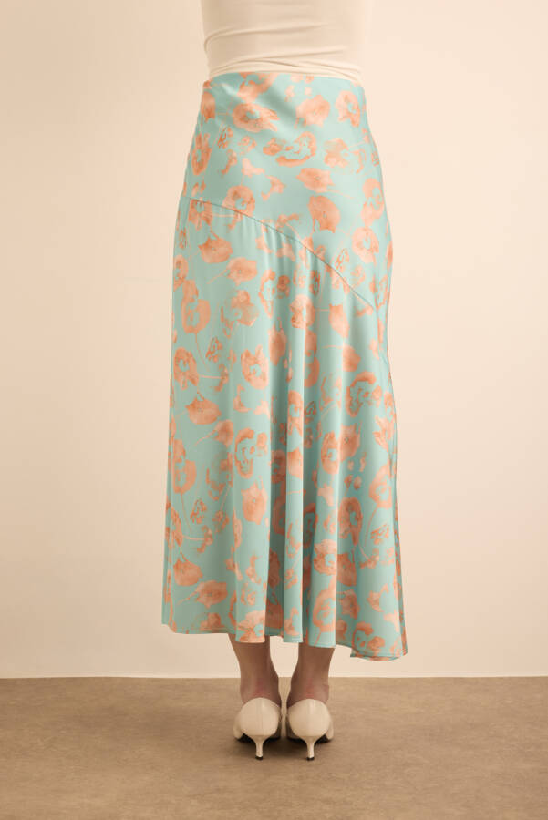 Turkuaz Çiçek Desenli Baseni Kup Detaylı Etek - 6