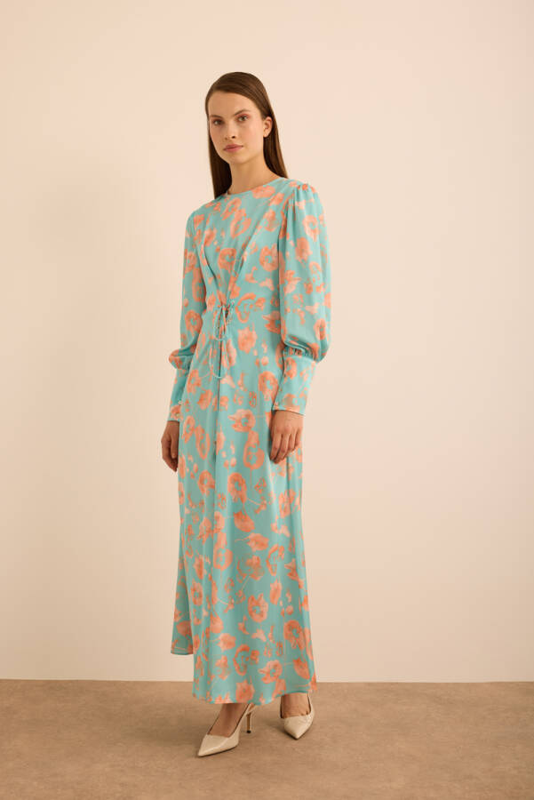Turkuaz Çiçek Desenli Beli Bağlama Detaylı Elbise - 4